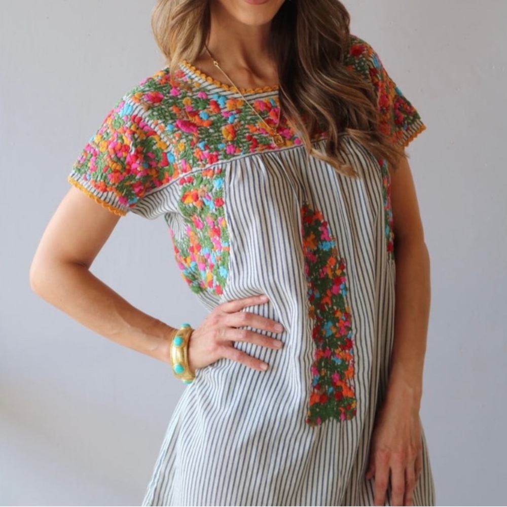 Striped Multicolor Embroidered Mini Dress